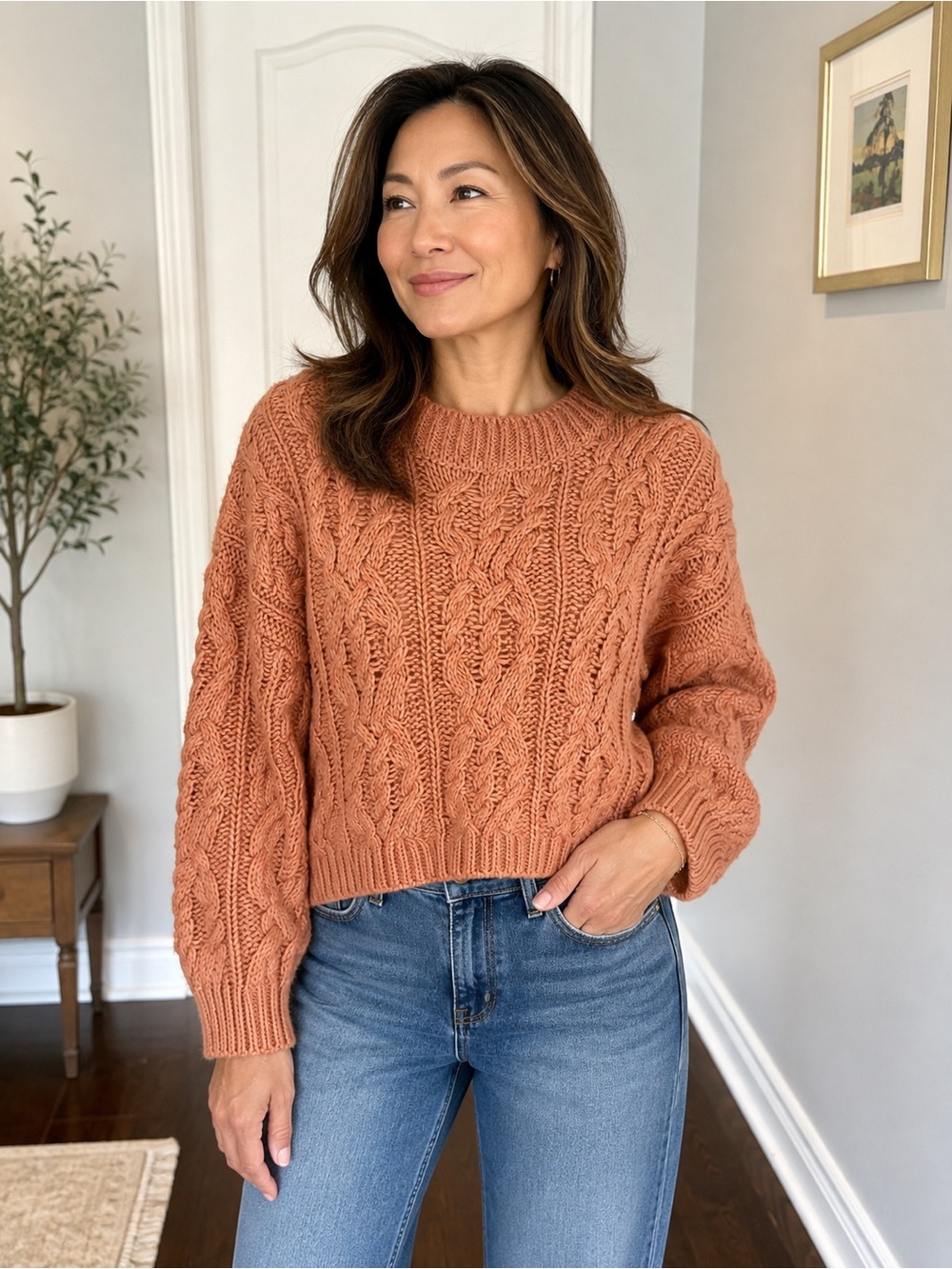 H&M Cropped Cable Knit Crew Sweater in Terracota Peach - Size M